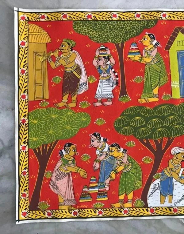 Pratidin Cheriyal painting featuring vibrant storytelling scenes of everyday life in detailed hand-painted style