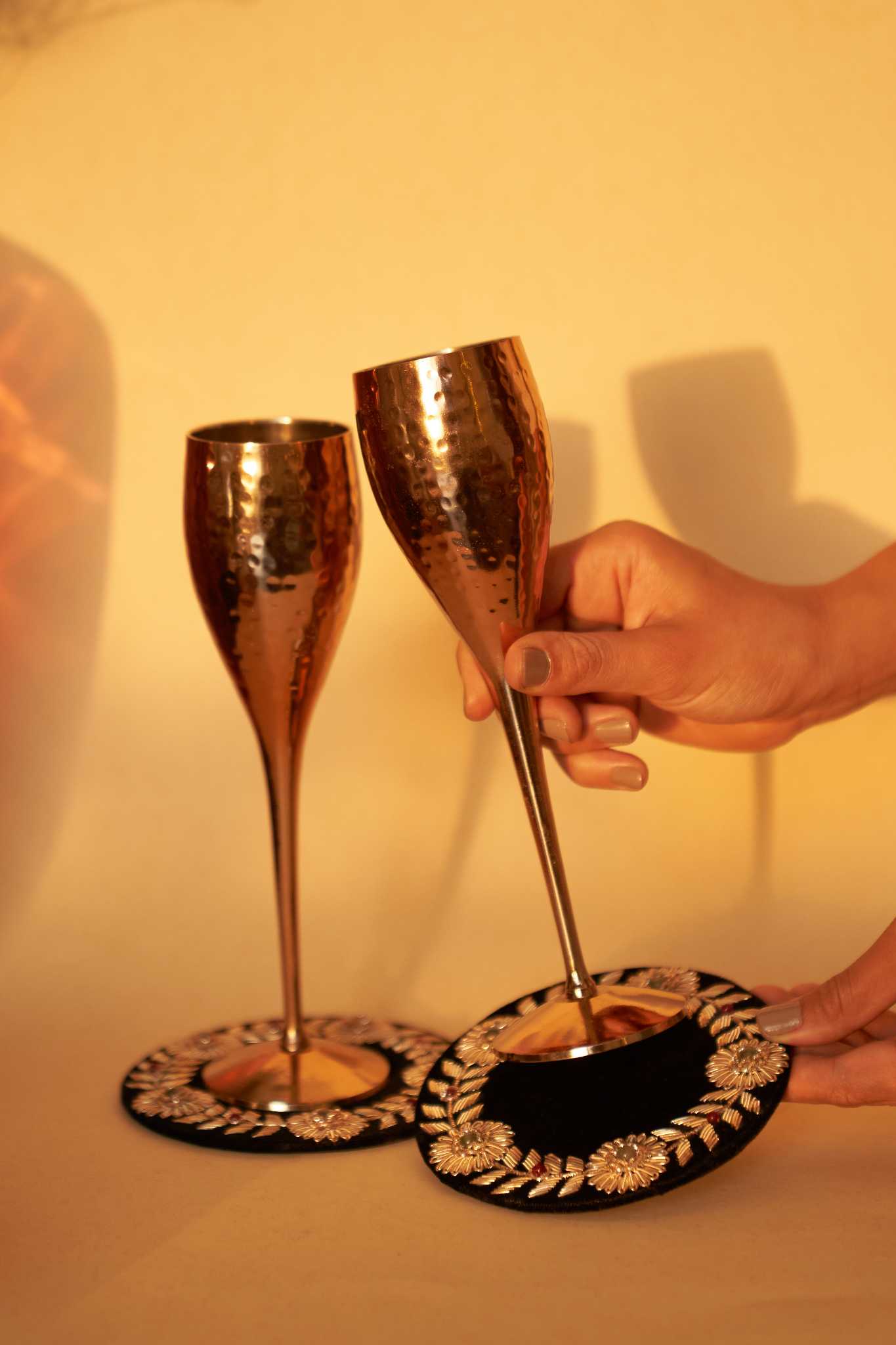 Kusum Zardozi coasters, set of 2, showcasing intricate gold embroidery and handcrafted elegance for drinkware