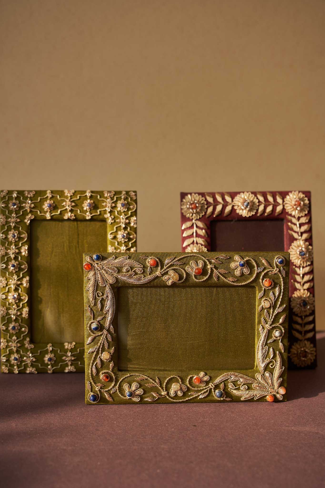 Kusum Zardozi photo frame with delicate gold embroidery, adding handcrafted elegance to home decor