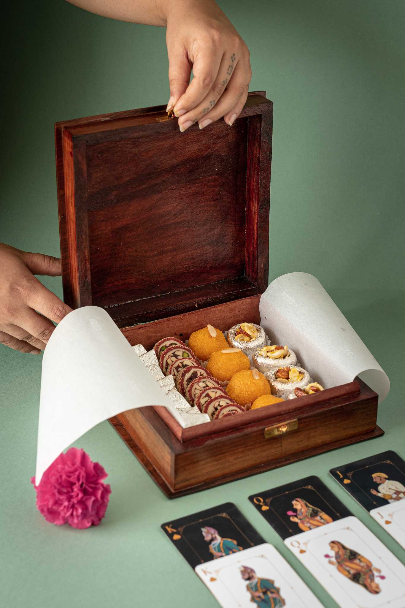 Phool Tarkashi sliding wooden box with intricate handcrafted details, offering elegant storage