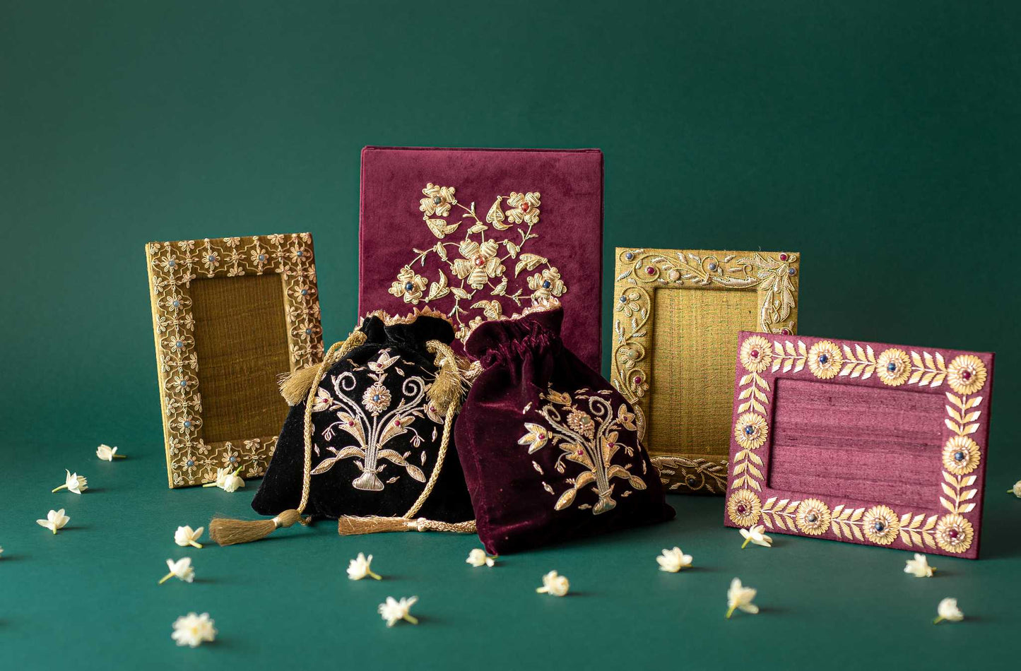 Guldasta medium Zardozi potli bag, featuring intricate gold embroidery with handcrafted floral and bead accents, perfect for elegant occasions