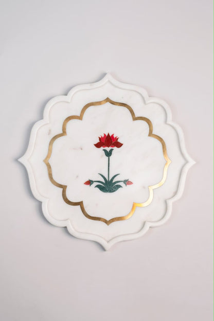 Lotus Bloom Brass-Rim Marble Platter | Pietra Dura Serveware