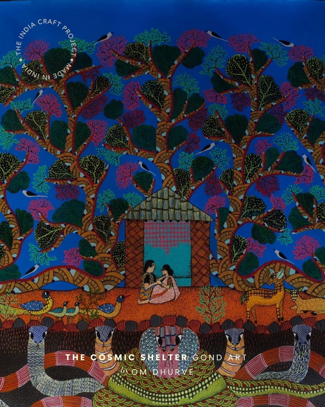 Gond painting Tree of Life with serpents holding structure symbolizing protection and balance
