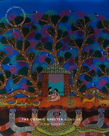 Gond painting Tree of Life with serpents holding structure symbolizing protection and balance