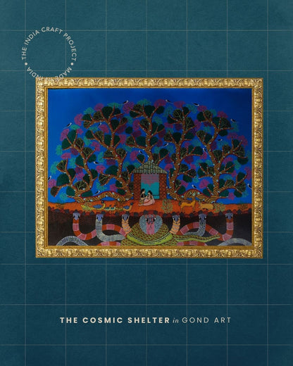 Gond painting Tree of Life with serpents holding structure symbolizing protection and balance