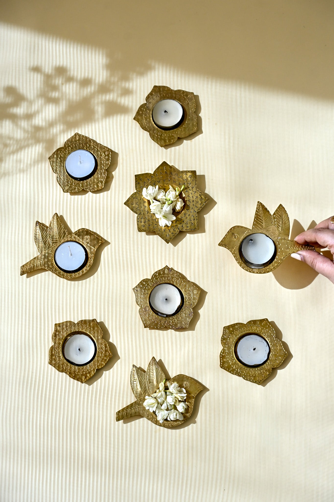 Phool Brass Diya and Tea Light Holder (Set of 2) | Hand Stamped