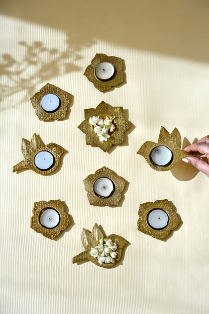 Phool Brass Diya and Tea Light Holder (Set of 2) | Hand Stamped
