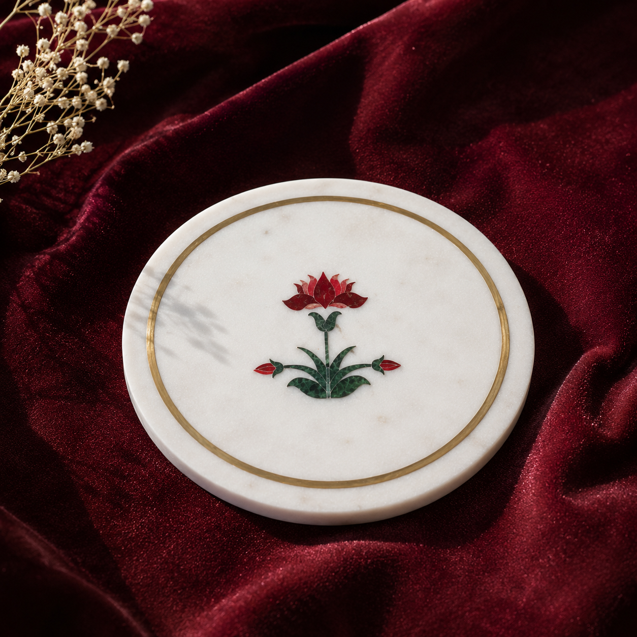 Sacred Lotus Marble Inlay Platter | Handcrafted Pietra Dura Platter
