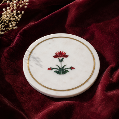 Sacred Lotus Marble Inlay Platter | Handcrafted Pietra Dura Platter