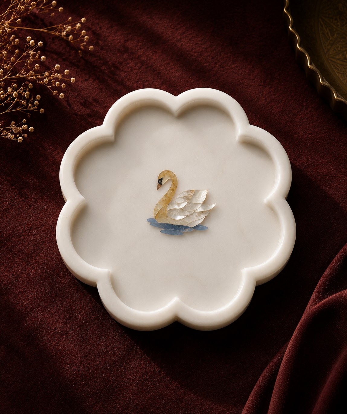Swan Marble Inlay Scalloped Tray | Handcrafted Pietra Dura Tray