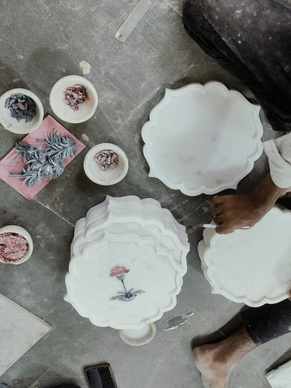 Lotus Bloom Brass-Rim Marble Platter | Pietra Dura Serveware