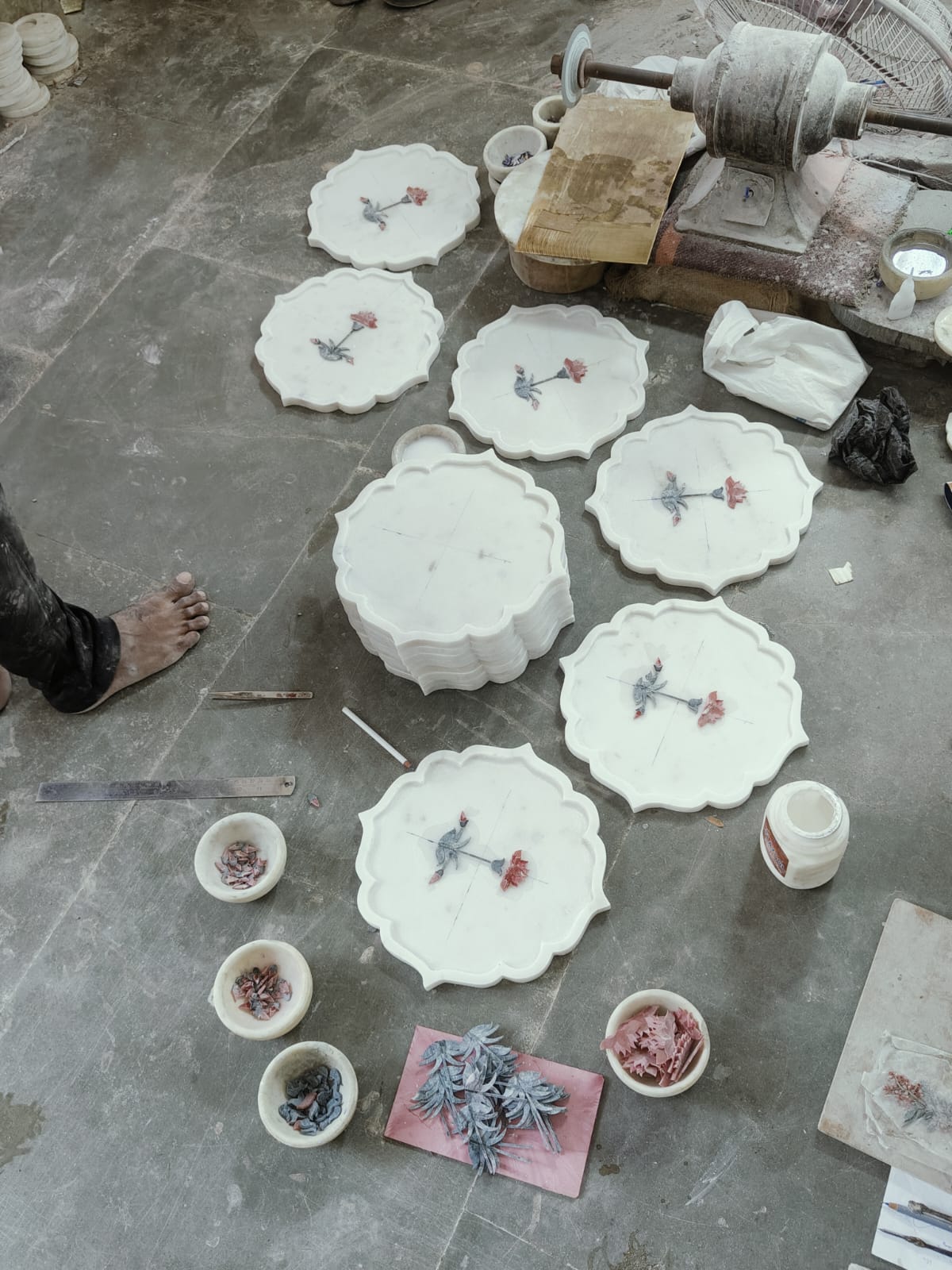 Lotus Bloom Brass-Rim Marble Platter | Pietra Dura Serveware
