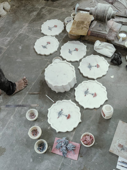 Lotus Bloom Brass-Rim Marble Platter | Pietra Dura Serveware