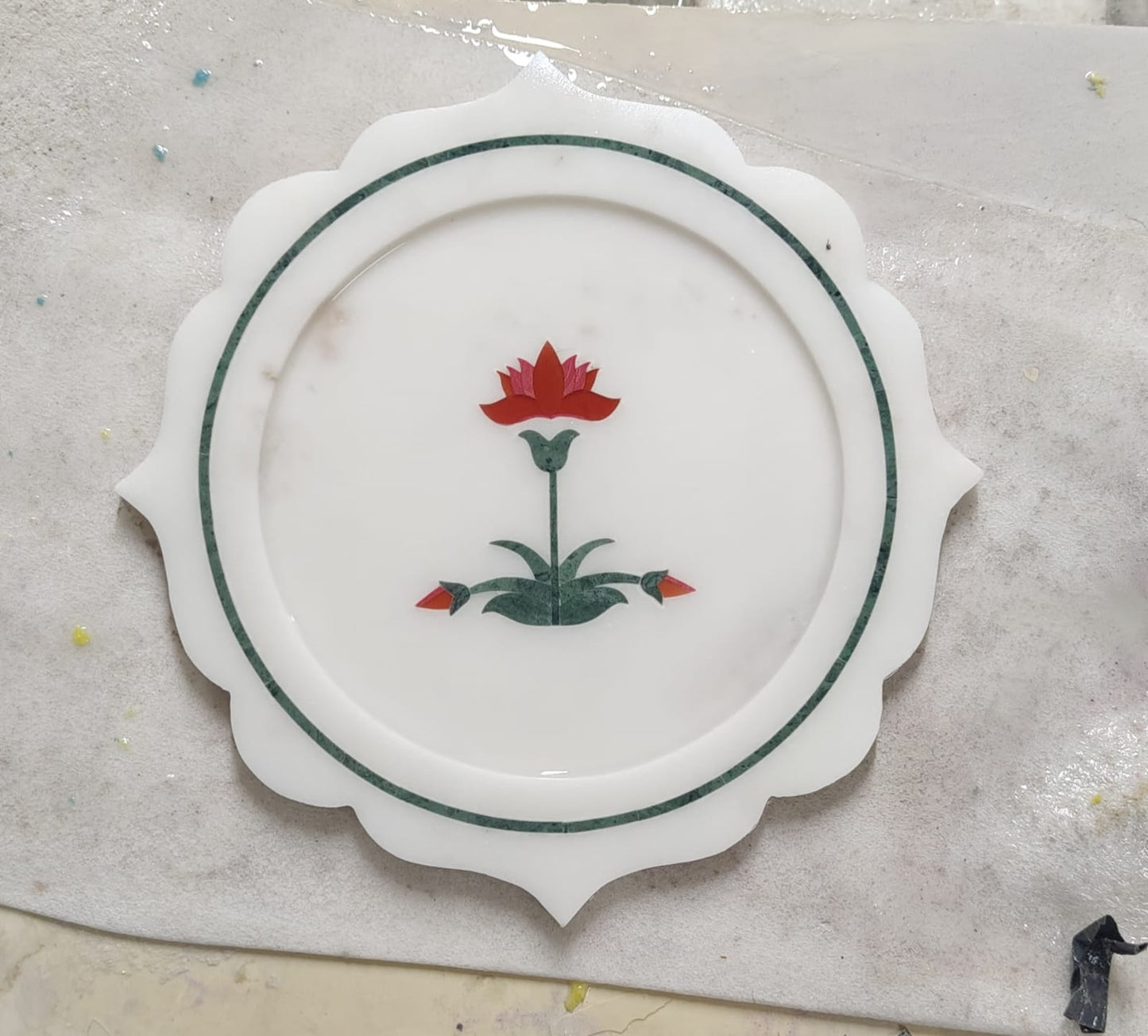 Lotus Bloom Marble Inlay Platter | Luxury Pietra Dura Statement Piece