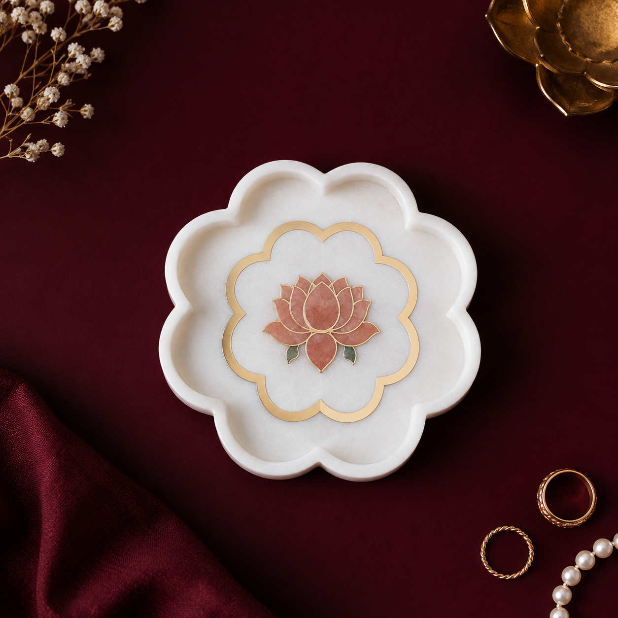 Lotus Marble Decorative with Brass Inlay | Marble Trinket Tray