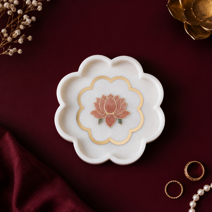 Lotus Marble Decorative with Brass Inlay | Marble Trinket Tray