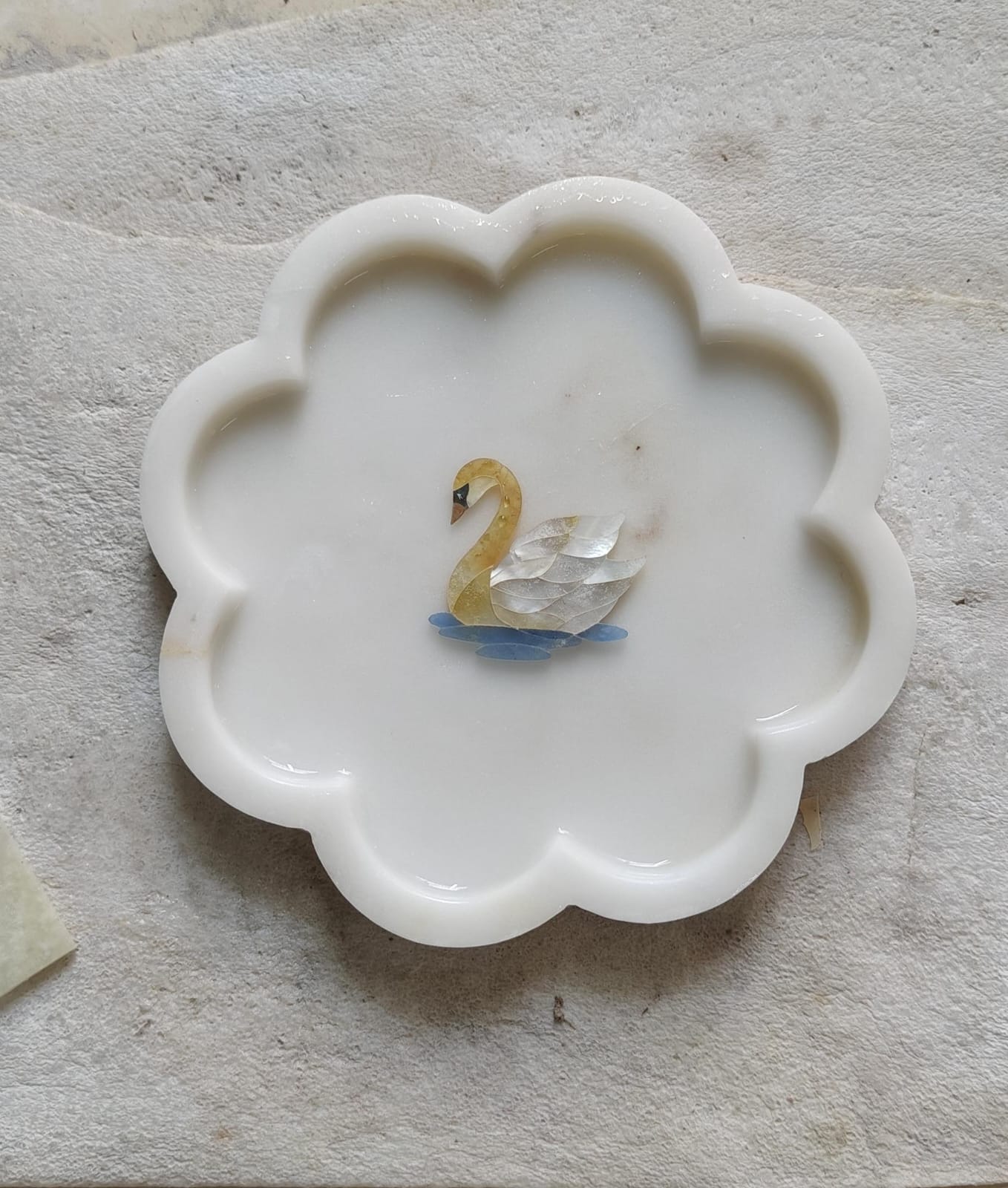 Swan Marble Inlay Scalloped Tray | Handcrafted Pietra Dura Tray