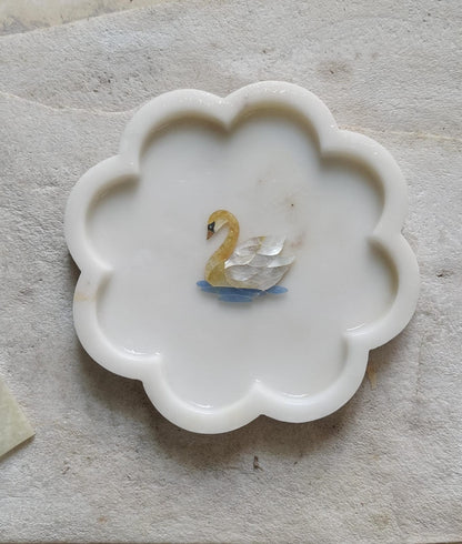 Swan Marble Inlay Scalloped Tray | Handcrafted Pietra Dura Tray