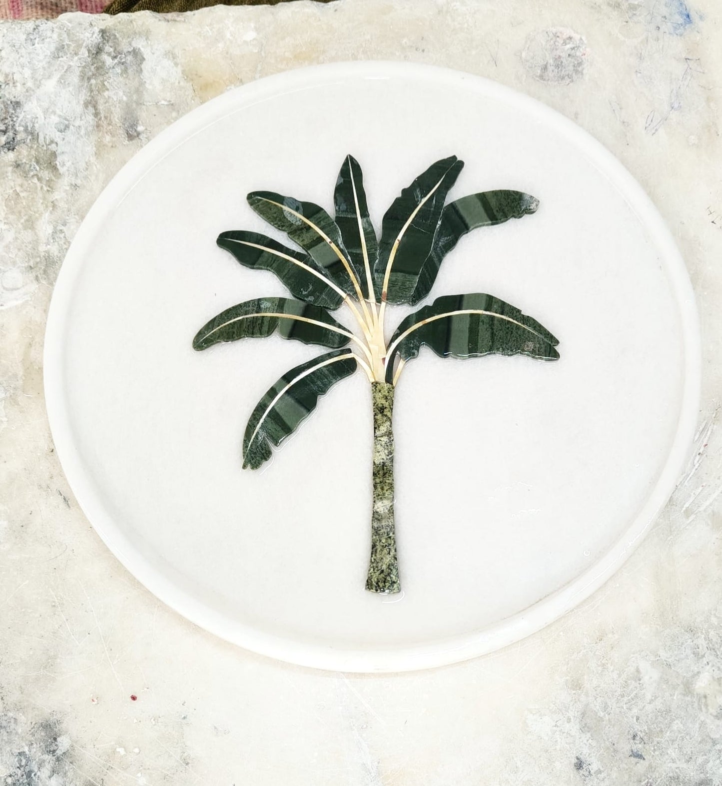 Palm Marble Inlay Platter | Handcrafted Pietra Dura Décor