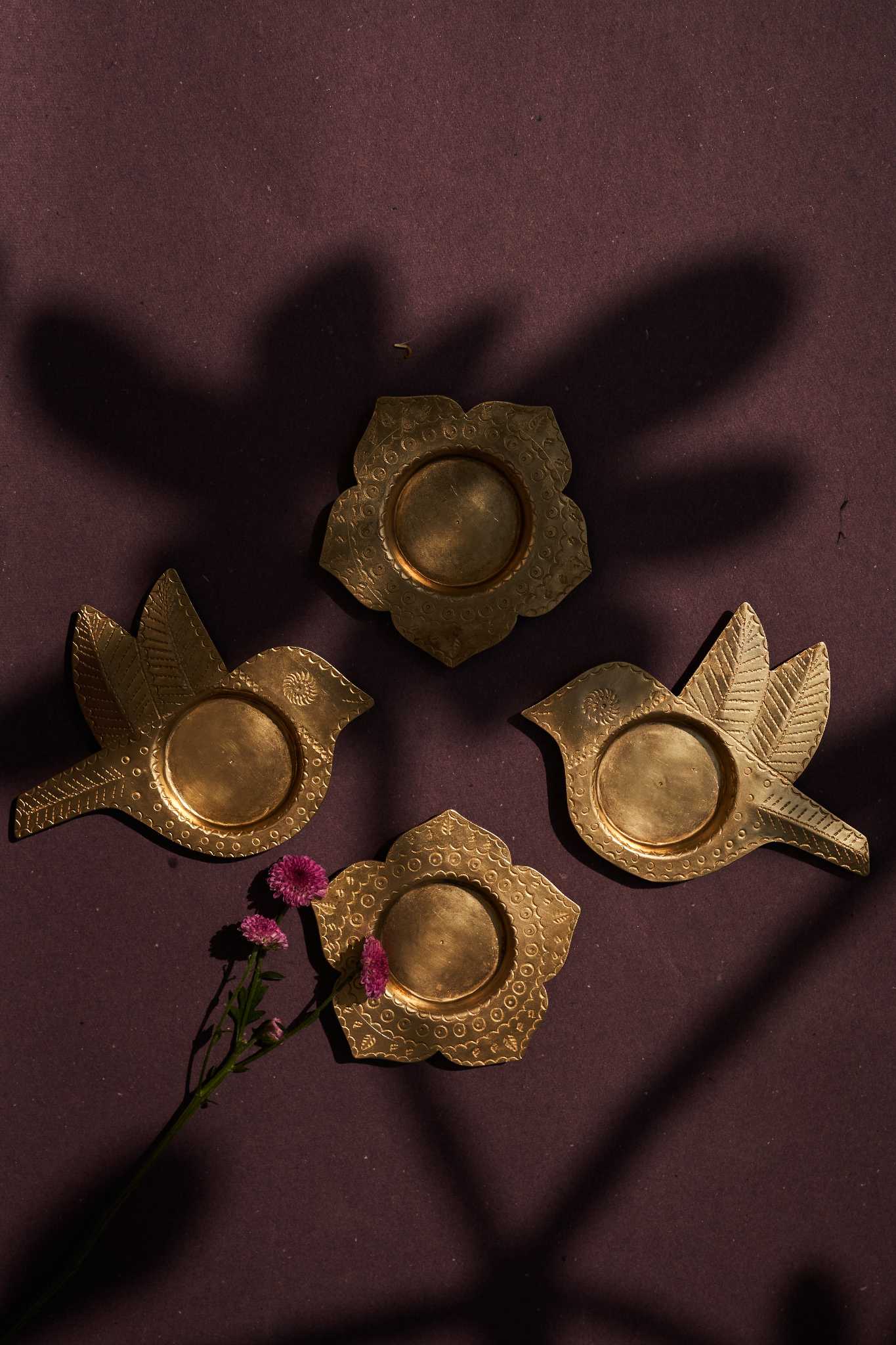 'Phool' Brass Diya and Tea Light Holder (Set of 2) | Hand Stamped