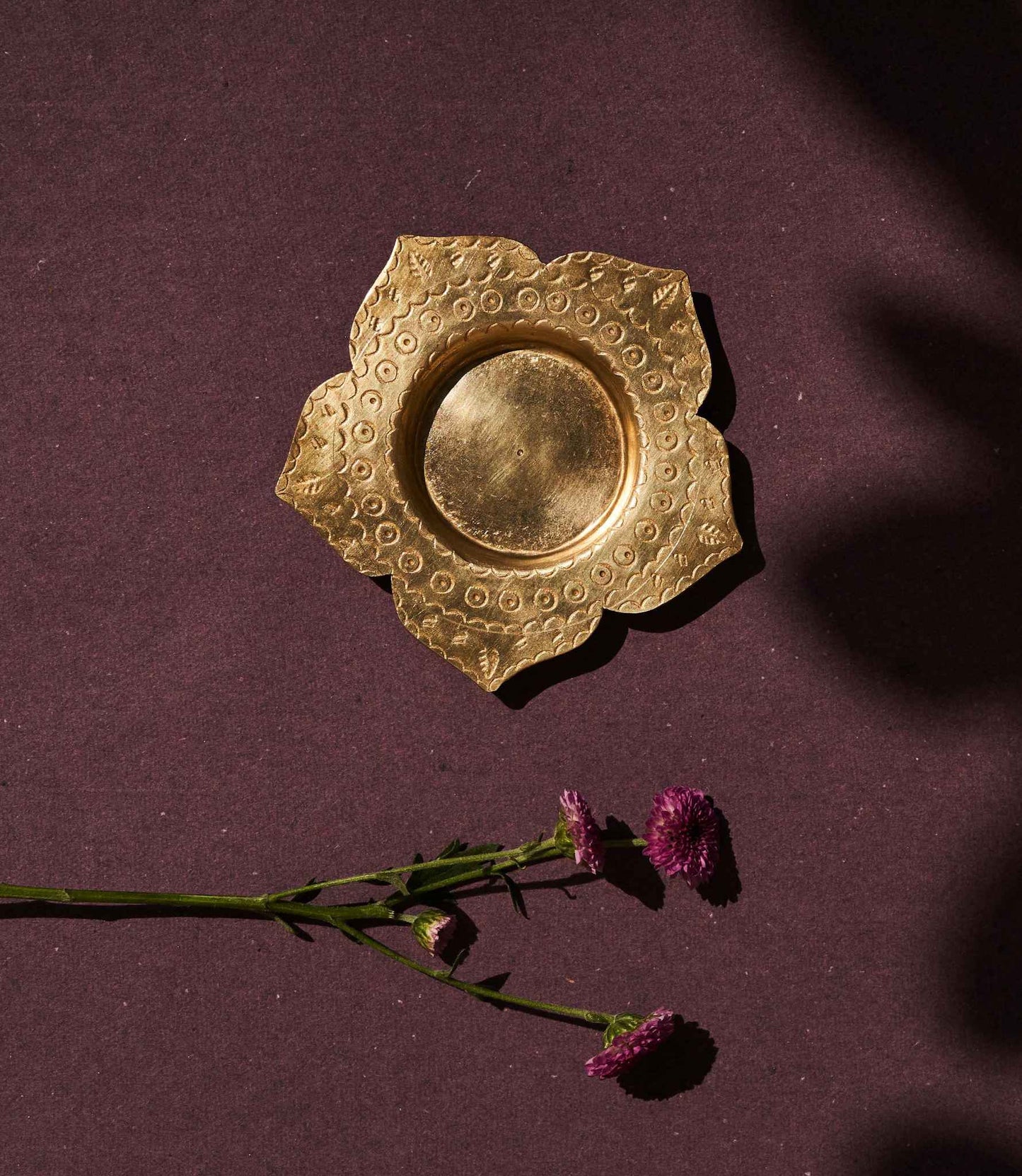 'Phool' Brass Diya and Tea Light Holder (Set of 2) | Hand Stamped