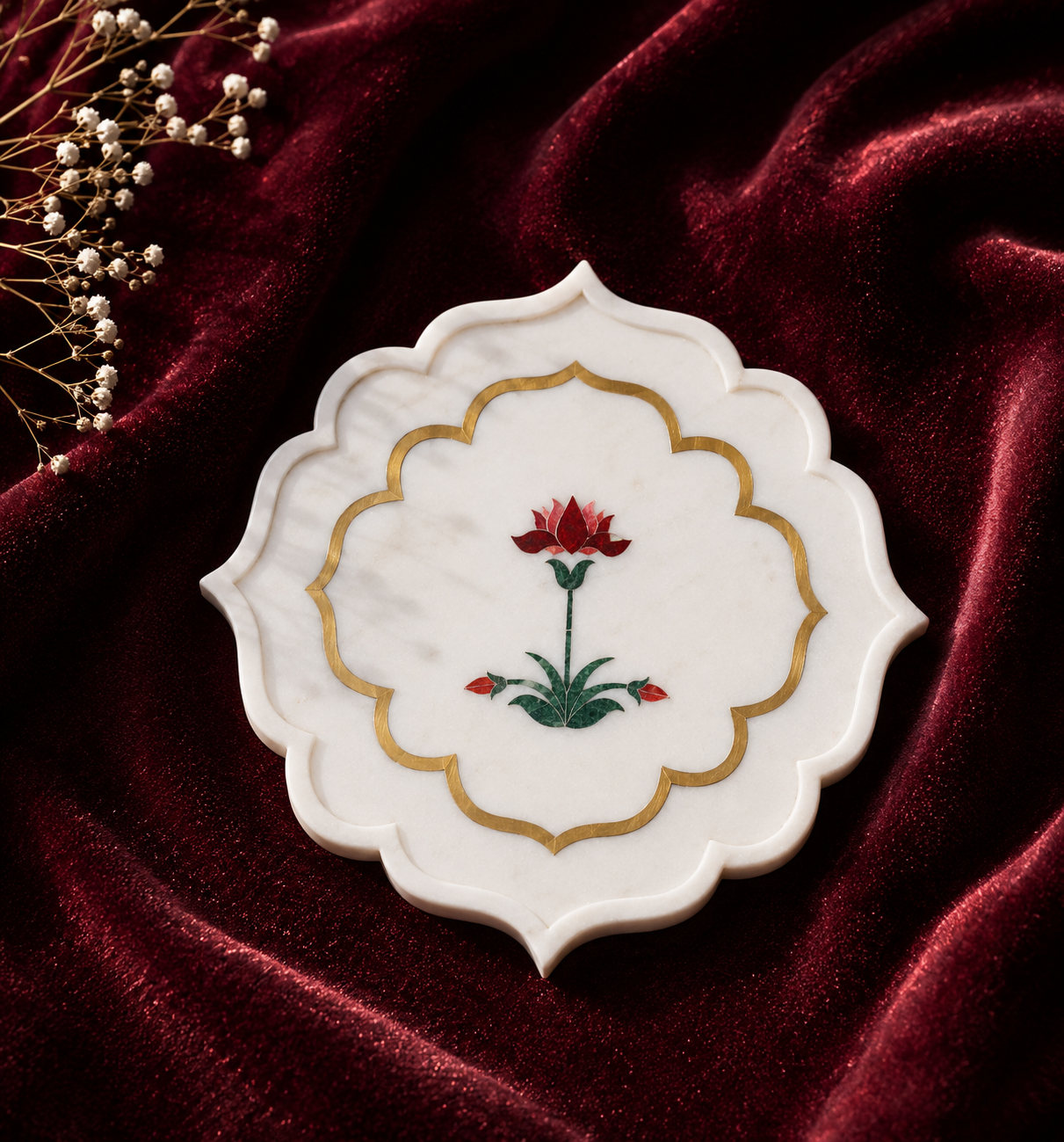 Lotus Bloom Brass-Rim Marble Platter | Pietra Dura Serveware