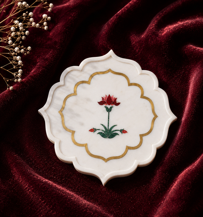 Lotus Bloom Brass-Rim Marble Platter | Pietra Dura Serveware