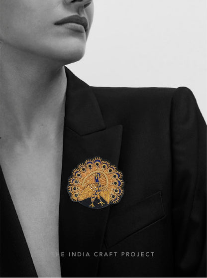 Mor unisex Zardozi brooch featuring intricate handcrafted embroidery, a versatile and stylish accessory