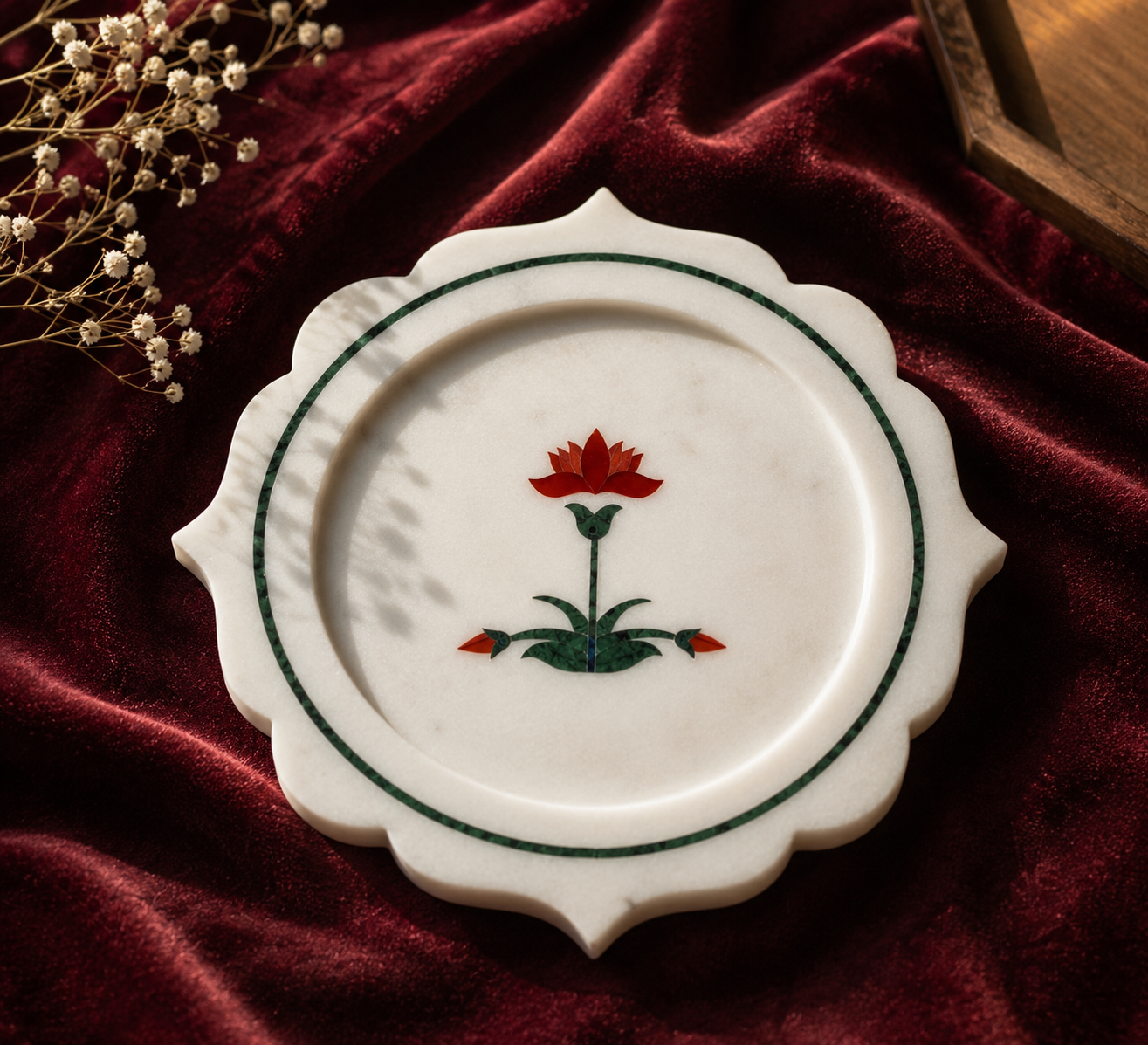 Lotus Bloom Marble Inlay Platter | Luxury Pietra Dura Statement Piece