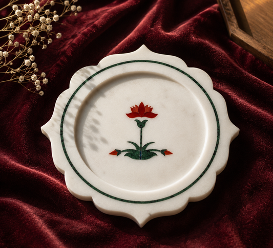 Lotus Bloom Marble Inlay Platter | Luxury Pietra Dura Statement Piece