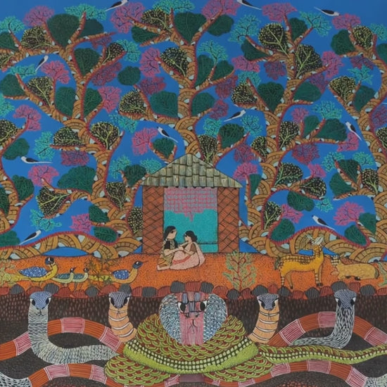 Gond painting Tree of Life with serpents holding structure symbolizing protection and balance