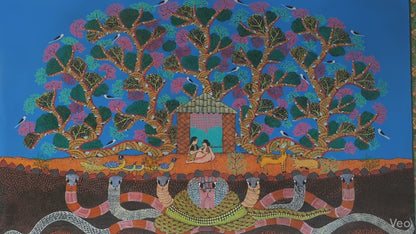 Gond painting Tree of Life with serpents holding structure symbolizing protection and balance