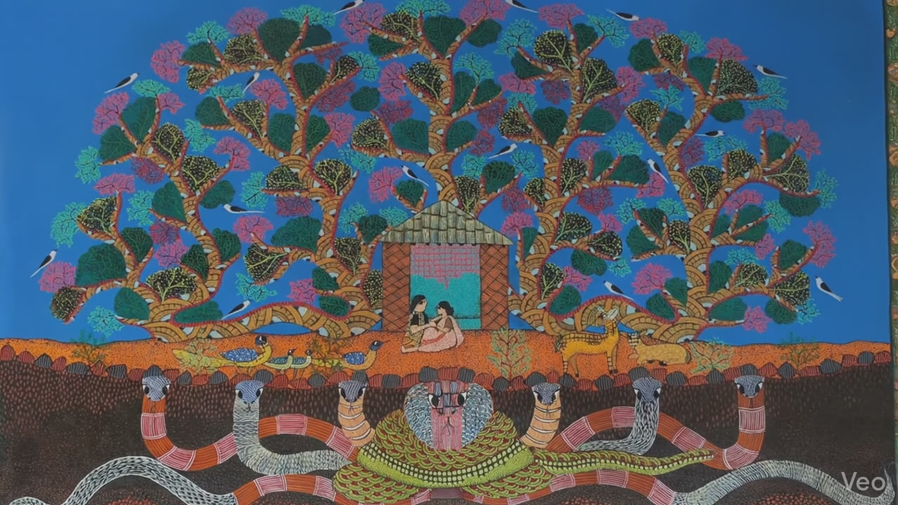 Gond painting Tree of Life with serpents holding structure symbolizing protection and balance
