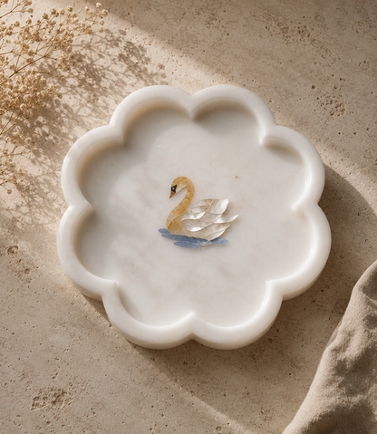 Swan Marble Inlay Scalloped Tray | Handcrafted Pietra Dura Tray