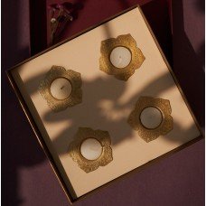 Aarna Gift Box | Set of 4 Brass 'Phool' Tea light Holders with Playing Cards